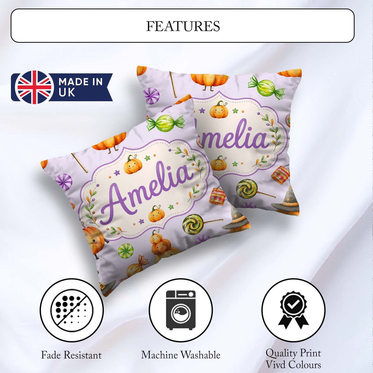 Custom Name Halloween Candy Characters Lilac Background Seamless Square Filled Cushion Throw Pillow Sofa Bed Home Decor Zip Washable UK Made