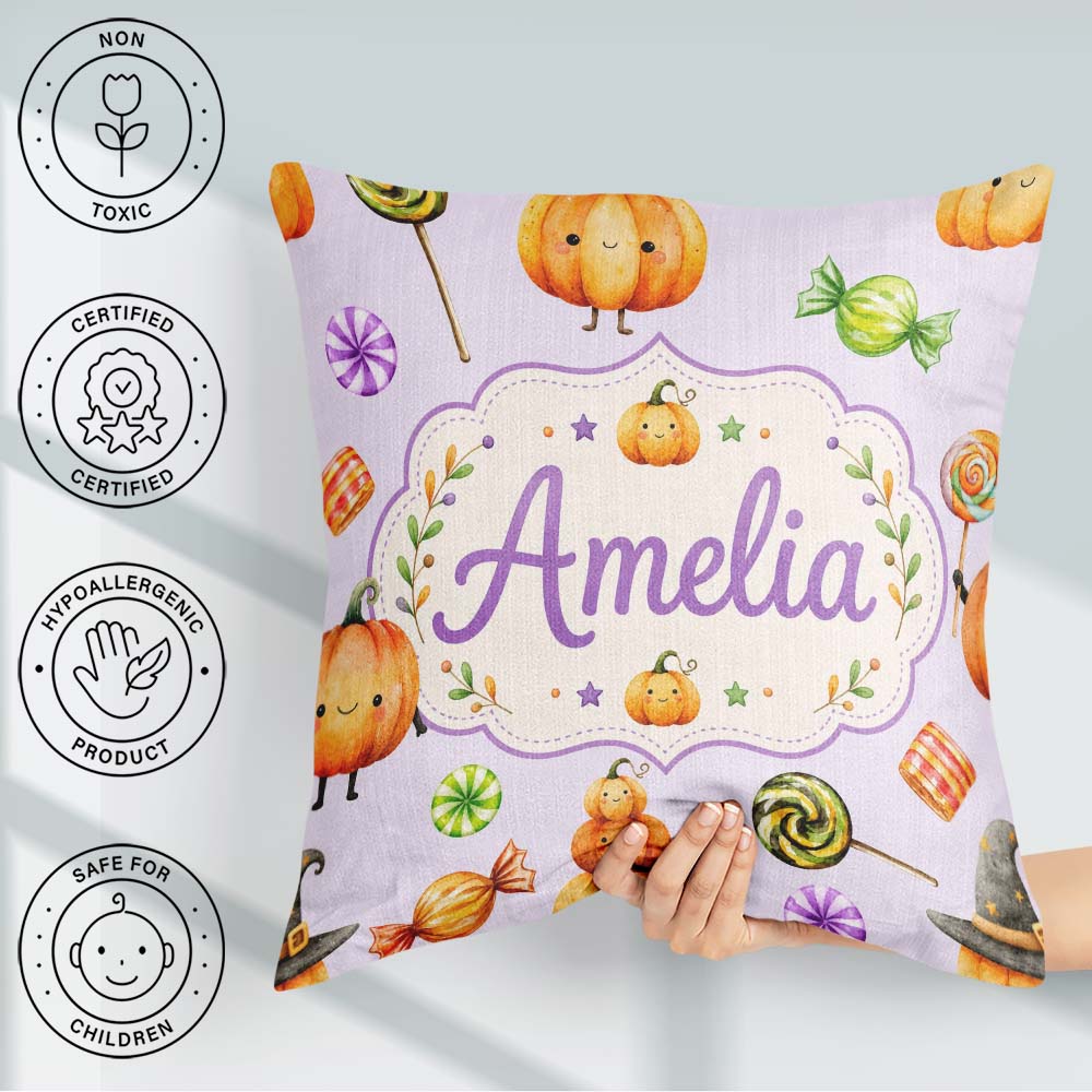 Custom Name Halloween Candy Characters Lilac Background Seamless Square Filled Cushion Throw Pillow Sofa Bed Home Decor Zip Washable UK Made