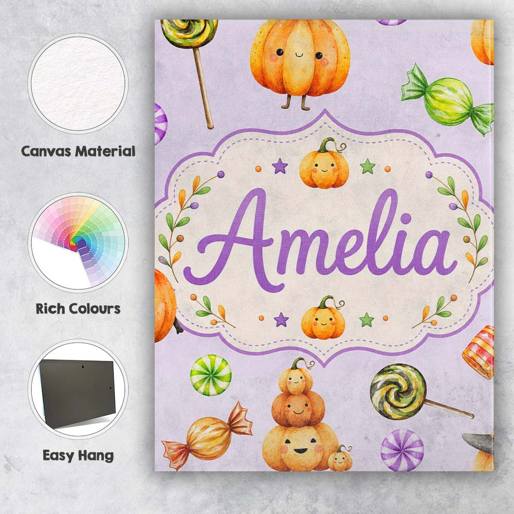 Personalised Name Cute Halloween Pumpkin Custom Unique Gift Idea Elegant Feature Canvas Wall Art Print Decor Picture Ready to Hang