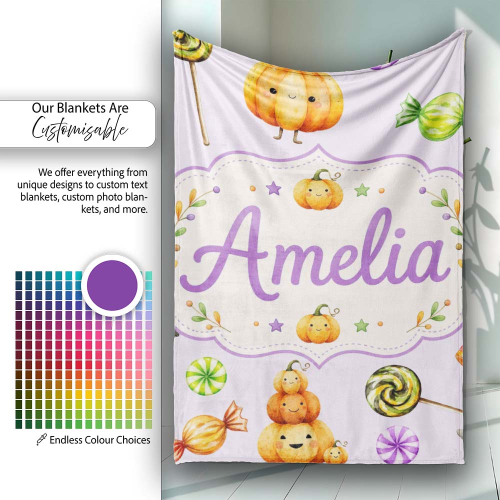 Cute Halloween Pumpkin Candy Characters Lilac Background Seamless Personalised Custom Name Super Soft Fleece Blanket Bed Sofa Throw