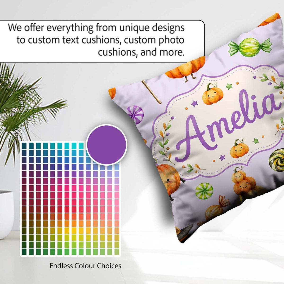 Custom Name Halloween Candy Characters Lilac Background Seamless Square Filled Cushion Throw Pillow Sofa Bed Home Decor Zip Washable UK Made