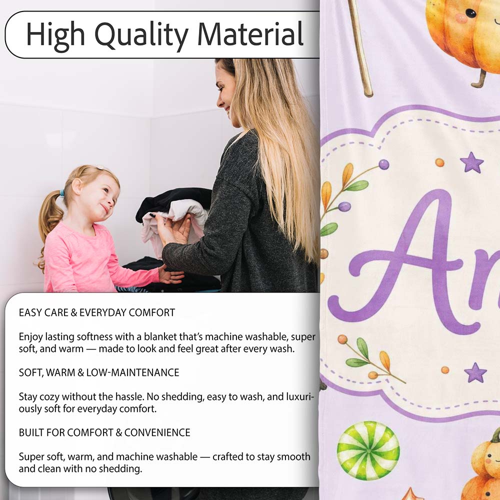Cute Halloween Pumpkin Candy Characters Lilac Background Seamless Personalised Custom Name Super Soft Fleece Blanket Bed Sofa Throw