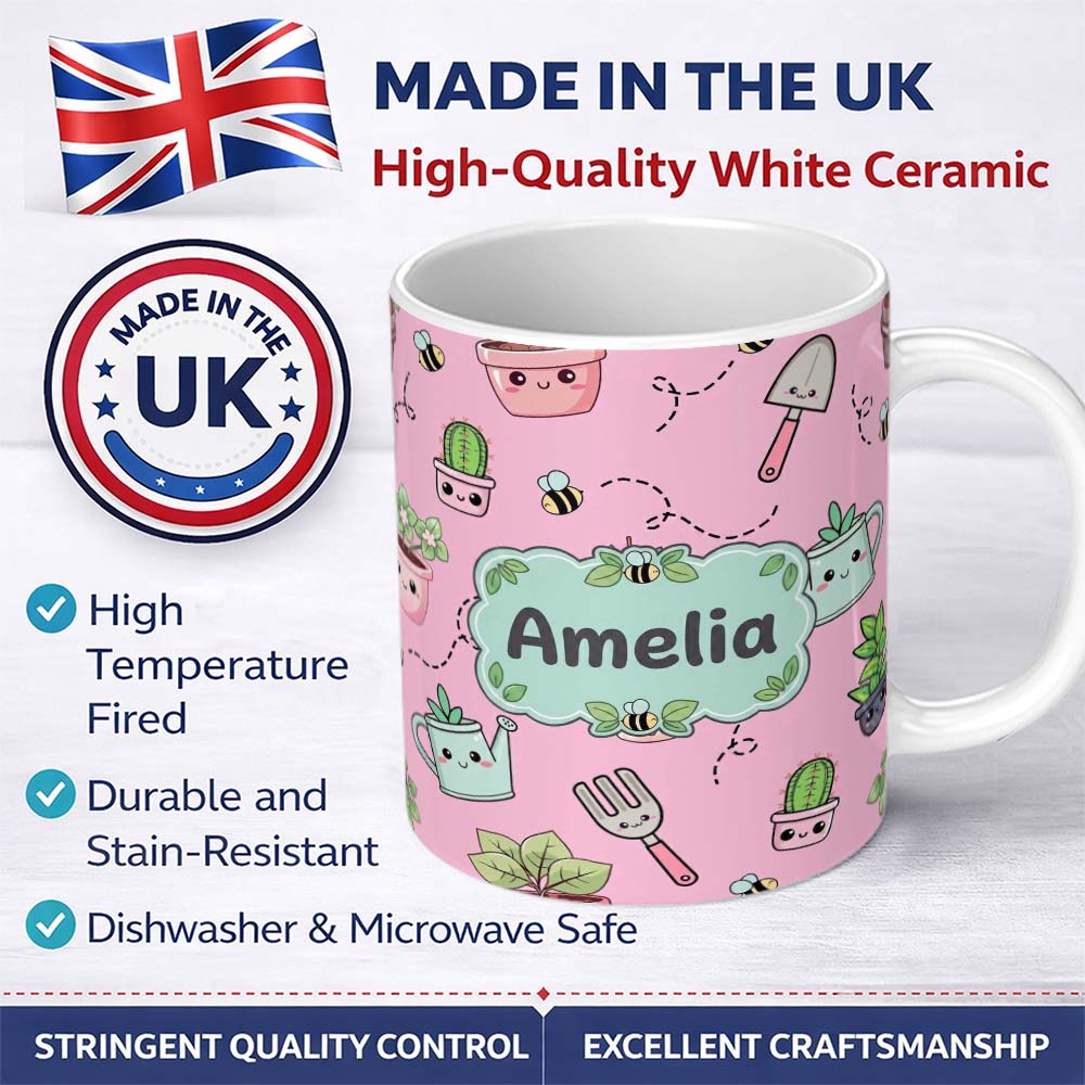 Personalized Custom Name Cute Kawaii Garden Tools Plants Bees Seamless Pattern Pink Lovely 11oz Ceramic Coffee Tea Mug White Large Handle