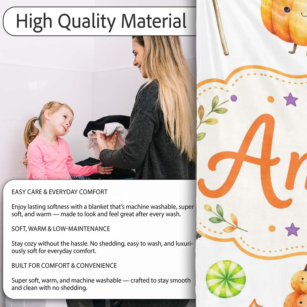 Cute Halloween Pumpkin Candy Characters Soft Grey Background Personalised Custom Name Super Soft Fleece Blanket Bed Sofa Throw