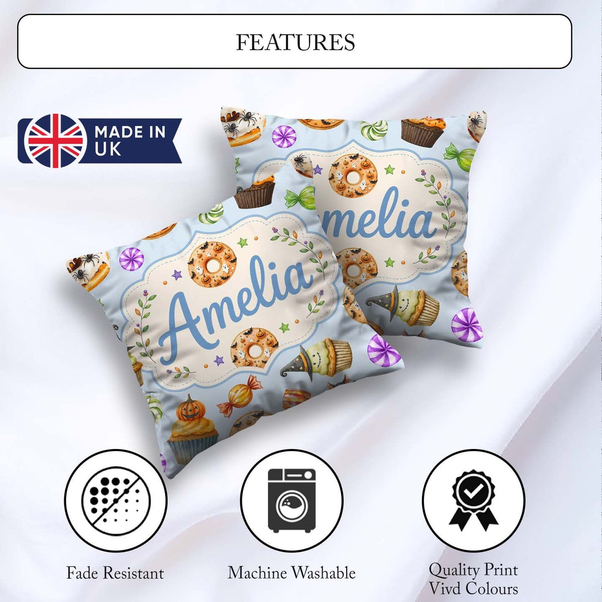 Custom Name Cute Halloween Spooky Donuts Treats Blue Background Square Filled Cushion Throw Pillow Sofa Bed Home Decor Zip Washable UK Made