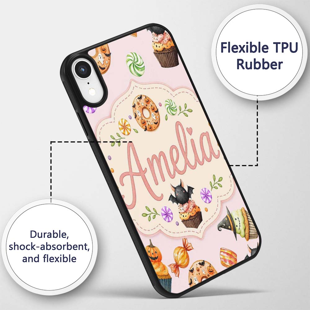 Cute Halloween Spooky Donuts Cupcakes Treats Pink Custom Name Protective Phone Case Mobile Cover Durable Everyday Smartphone Shock Resistant