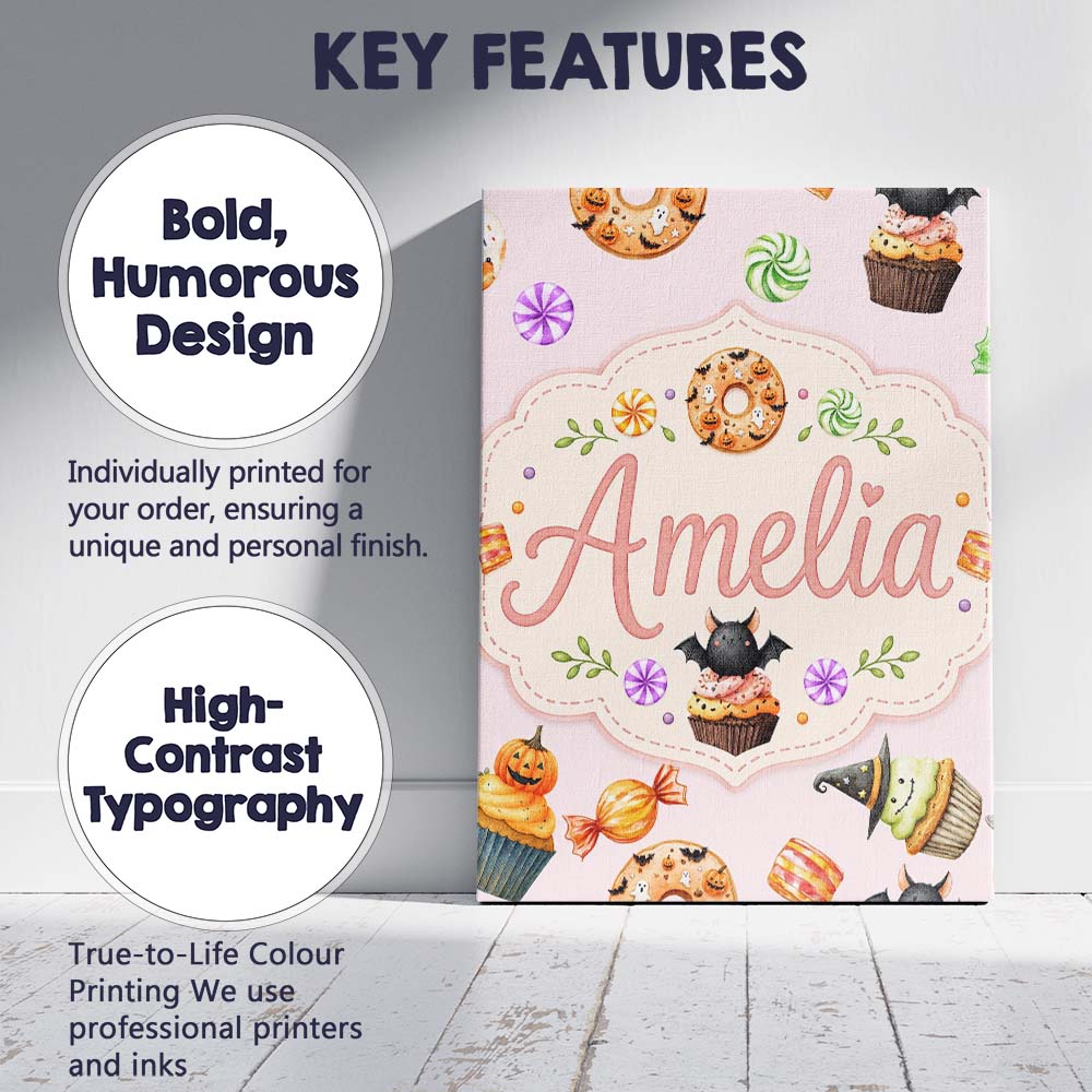 Personalised Name Cute Halloween Spooky Custom Modern Room Accent Elegant Feature Canvas Wall Art Print Decor Picture Ready to Hang