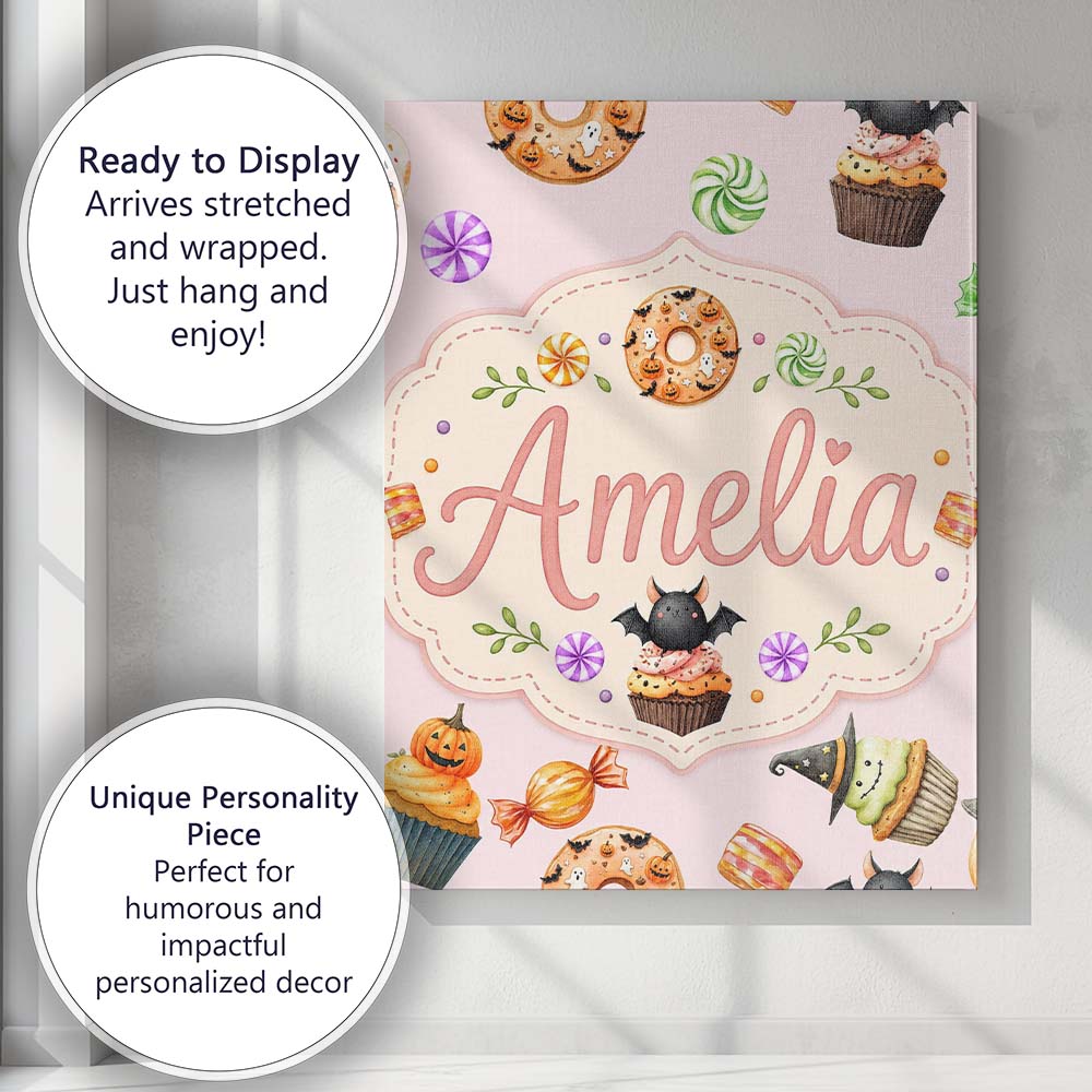 Personalised Name Cute Halloween Spooky Custom Modern Room Accent Elegant Feature Canvas Wall Art Print Decor Picture Ready to Hang