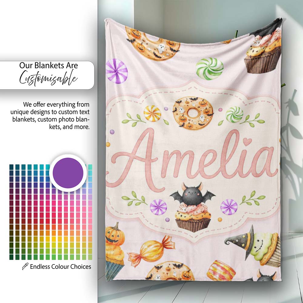Cute Halloween Spooky Donuts Cupcakes Treats Pink Background Personalised Custom Name Super Soft Fleece Blanket Bed Sofa Throw