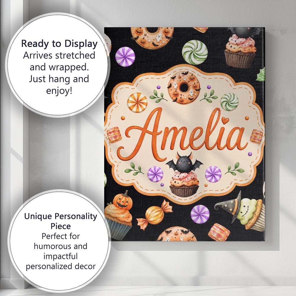 Personalised Name Cute Halloween Spooky Custom Modern Room Accent Elegant Feature Canvas Wall Art Print Decor Picture Ready to Hang