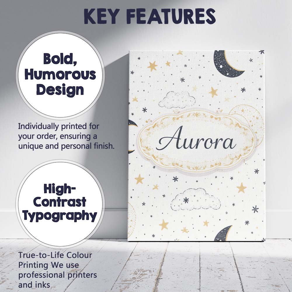 Personalised Name Cute Moon Stars Clouds Nursery Neutral Seamless Custom Bespoke Canvas Wall Art Print Decor Picture Ready to Hang