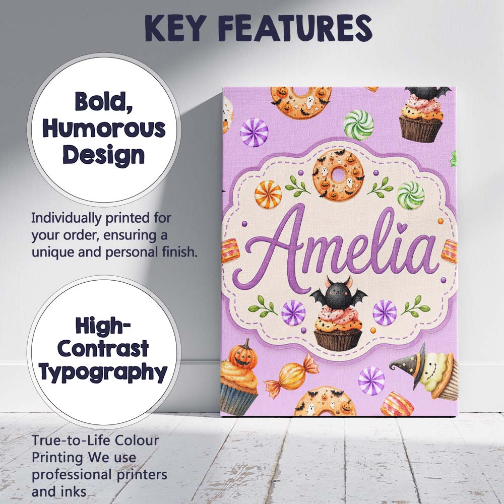 Personalised Name Cute Halloween Spooky Custom Modern Room Accent Elegant Feature Canvas Wall Art Print Decor Picture Ready to Hang