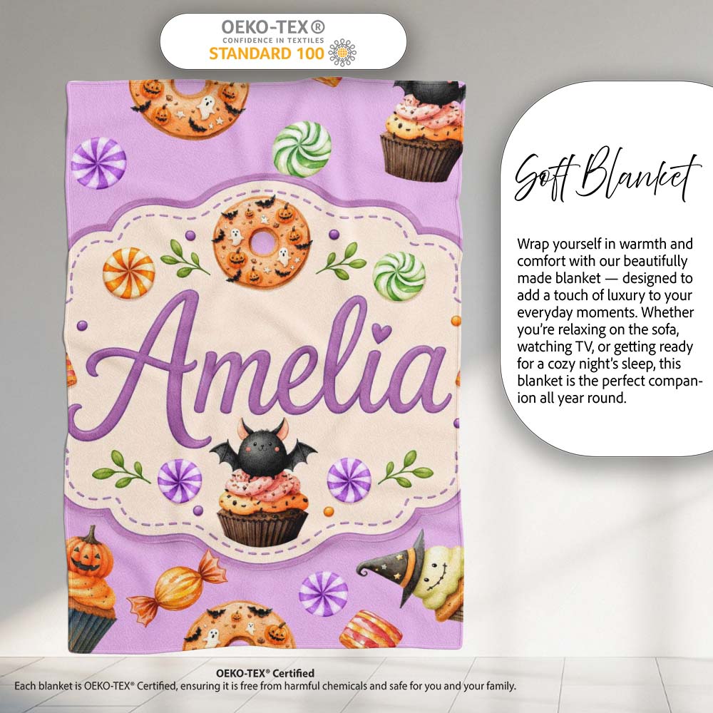 Cute Halloween Spooky Donuts Cupcakes Treats Purple Background Personalised Custom Name Super Soft Fleece Blanket Bed Sofa Throw