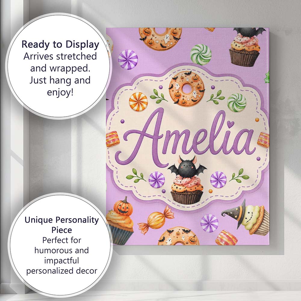 Personalised Name Cute Halloween Spooky Custom Modern Room Accent Elegant Feature Canvas Wall Art Print Decor Picture Ready to Hang