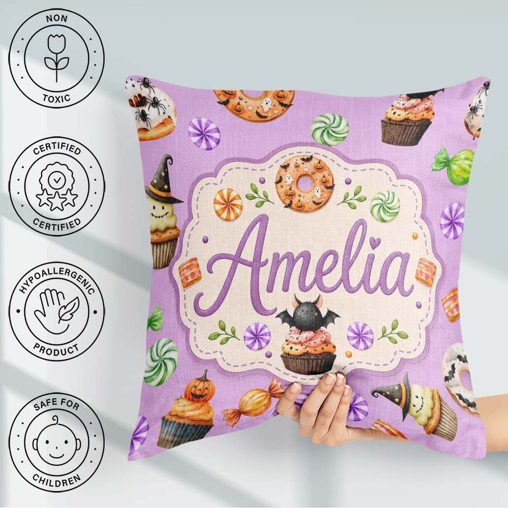 Custom Name Cute Spooky Donuts Cupcakes Treats Purple Background Square Filled Cushion Throw Pillow Sofa Bed Home Decor Zip Washable UK Made