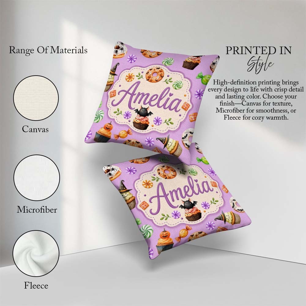 Custom Name Cute Spooky Donuts Cupcakes Treats Purple Background Square Filled Cushion Throw Pillow Sofa Bed Home Decor Zip Washable UK Made