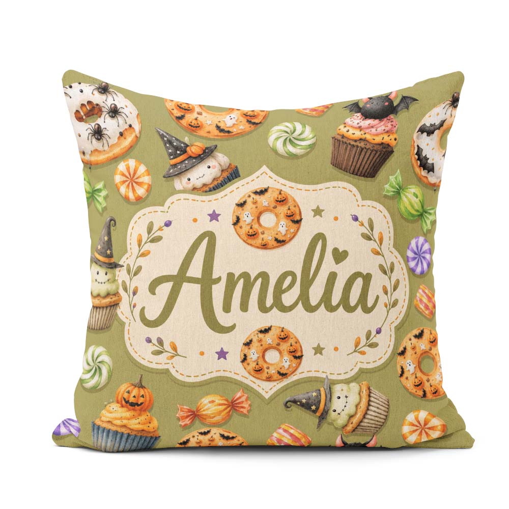 Custom Name Cute Halloween Spooky Donuts Treats Olive Background Square Filled Cushion Throw Pillow Sofa Bed Home Decor Zip Washable UK Made
