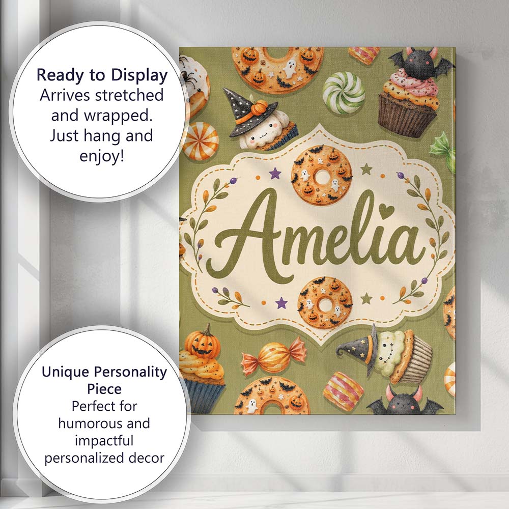 Personalised Name Cute Halloween Spooky Custom Modern Room Accent Elegant Feature Canvas Wall Art Print Decor Picture Ready to Hang
