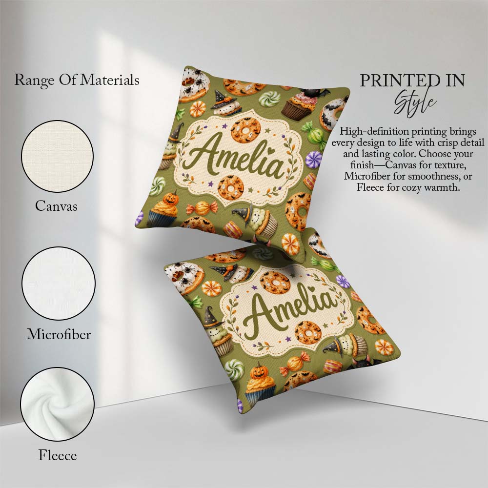 Custom Name Cute Halloween Spooky Donuts Treats Olive Background Square Filled Cushion Throw Pillow Sofa Bed Home Decor Zip Washable UK Made