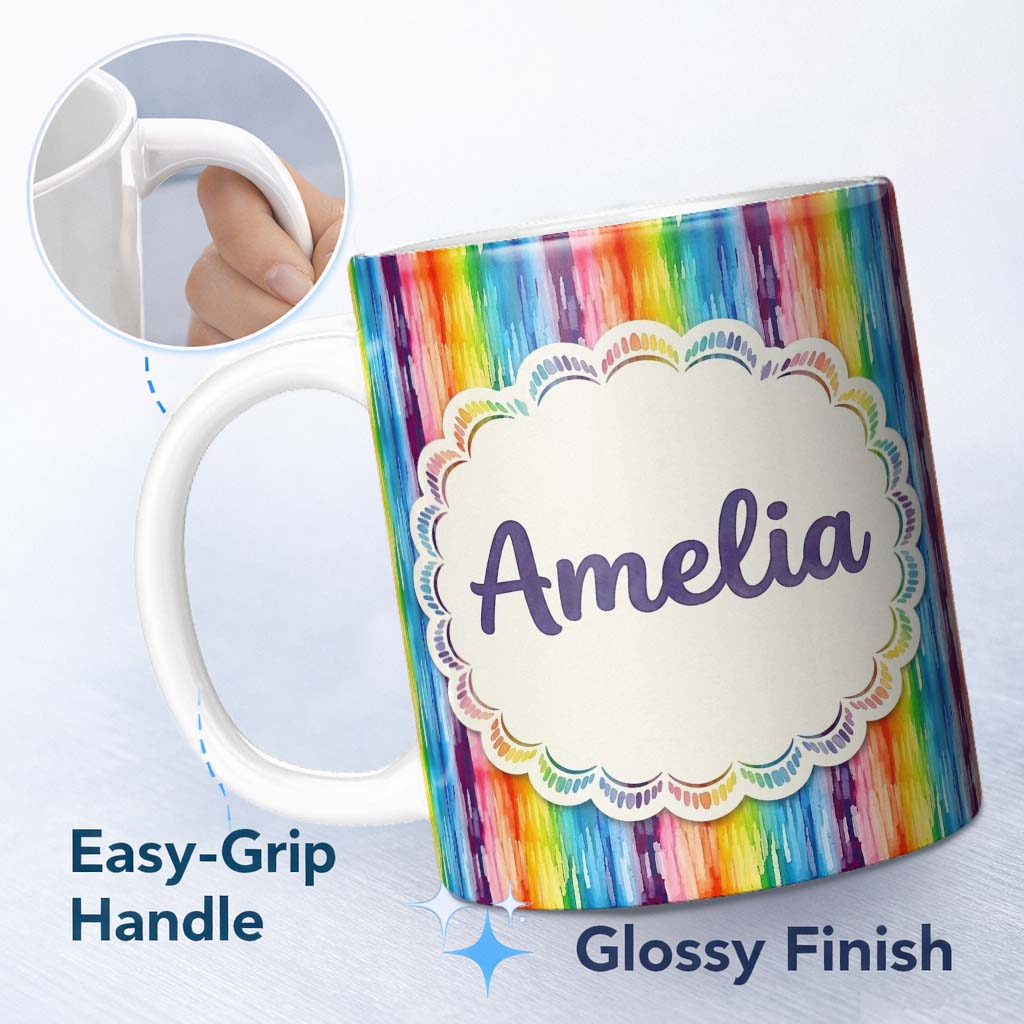 Personalized Custom Name Rainbow Watercolor Drip Vertical Stripes Seamless Pattern Lovely 11oz Ceramic Coffee Tea Mug White Large Handle