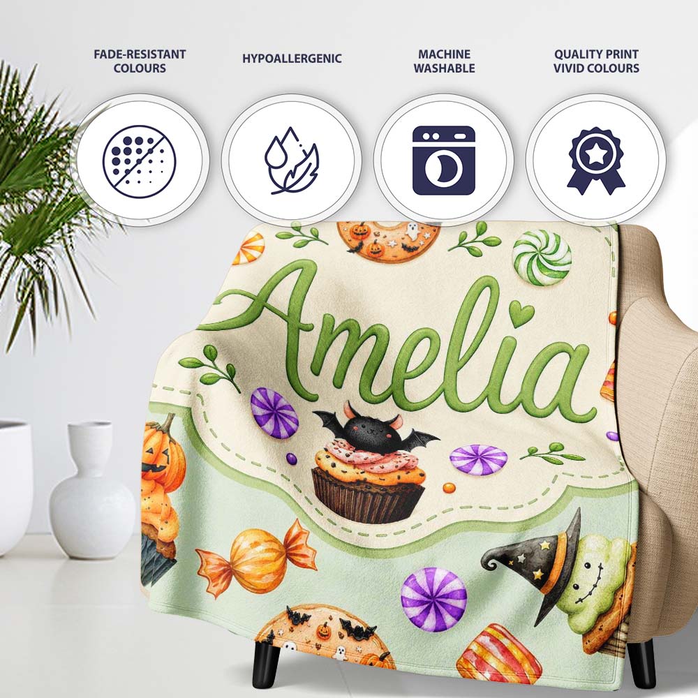 Cute Halloween Donuts Sweet Spooky Treats Soft Sage Background Personalised Custom Name Super Soft Fleece Blanket Bed Sofa Throw