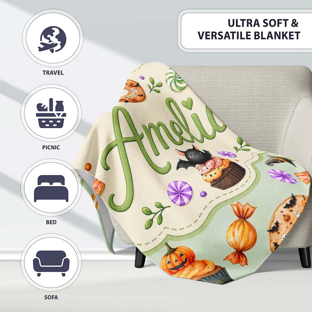 Cute Halloween Donuts Sweet Spooky Treats Soft Sage Background Personalised Custom Name Super Soft Fleece Blanket Bed Sofa Throw