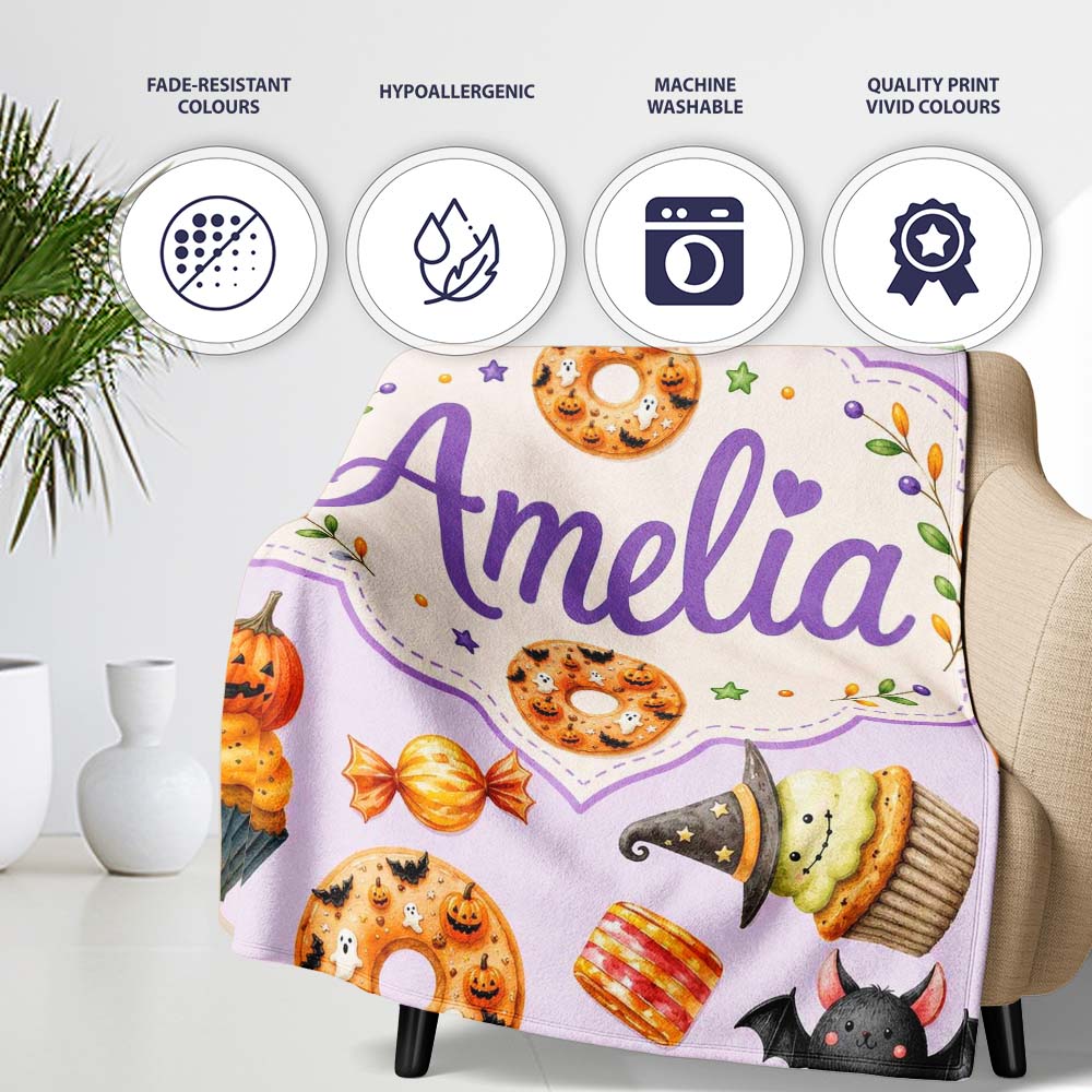 Cute Halloween Donut Sweet Spooky Treats Soft Lilac Background Personalised Custom Name Super Soft Fleece Blanket Bed Sofa Throw