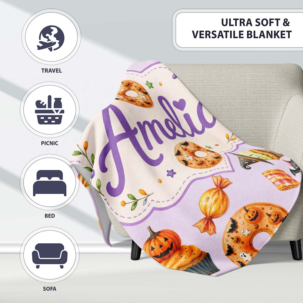 Cute Halloween Donut Sweet Spooky Treats Soft Lilac Background Personalised Custom Name Super Soft Fleece Blanket Bed Sofa Throw