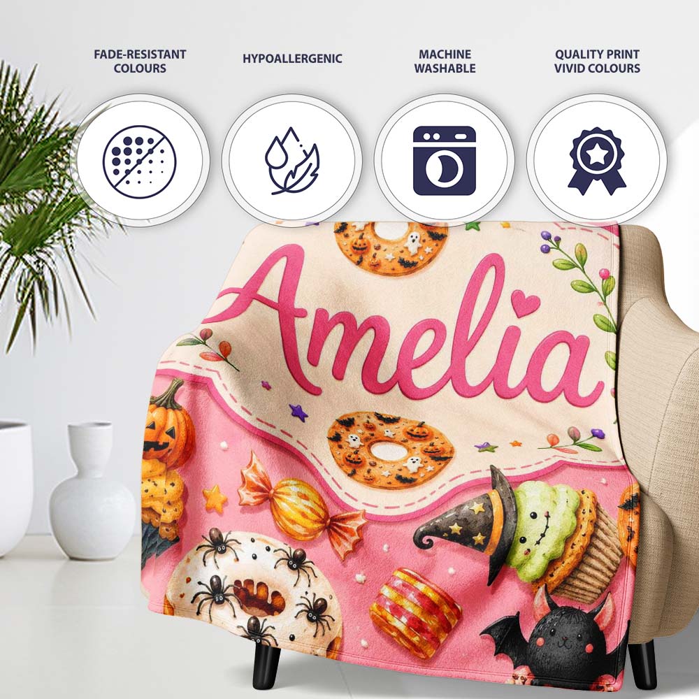 Cute Halloween Donuts Sweet Spooky Treats Pink Background Seamless Personalised Custom Name Super Soft Fleece Blanket Bed Sofa Throw