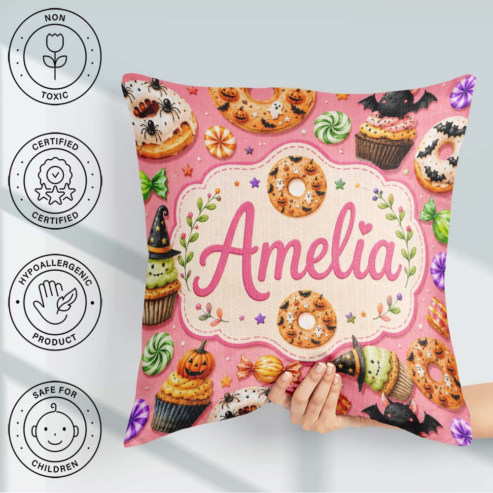Custom Name Halloween Donuts Sweet Spooky Treats Pink Background Square Filled Cushion Throw Pillow Sofa Bed Home Decor Zip Washable UK Made