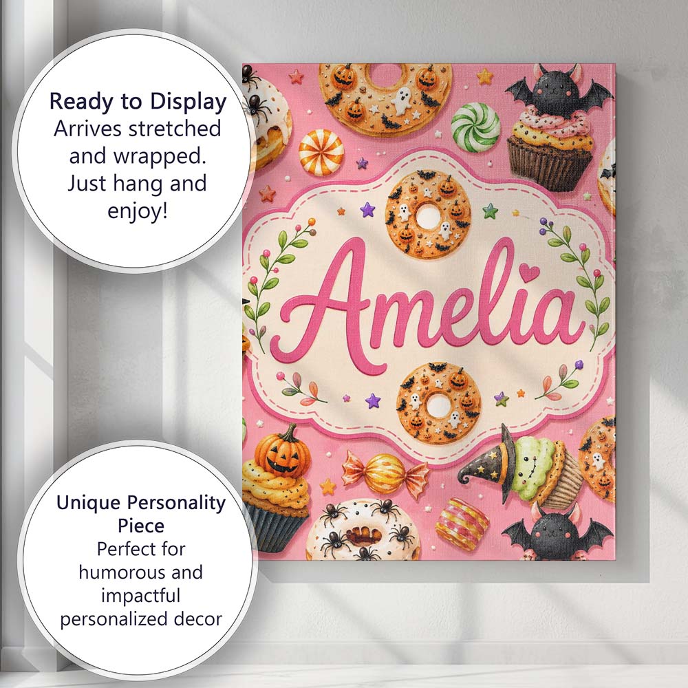 Personalised Name Cute Halloween Donuts Custom Modern Room Accent Elegant Feature Canvas Wall Art Print Decor Picture Ready to Hang