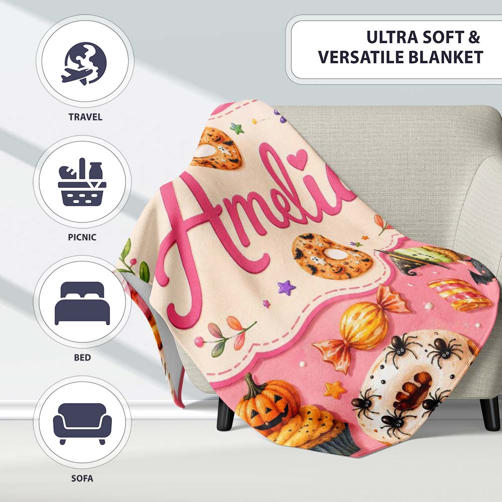 Cute Halloween Donuts Sweet Spooky Treats Pink Background Seamless Personalised Custom Name Super Soft Fleece Blanket Bed Sofa Throw