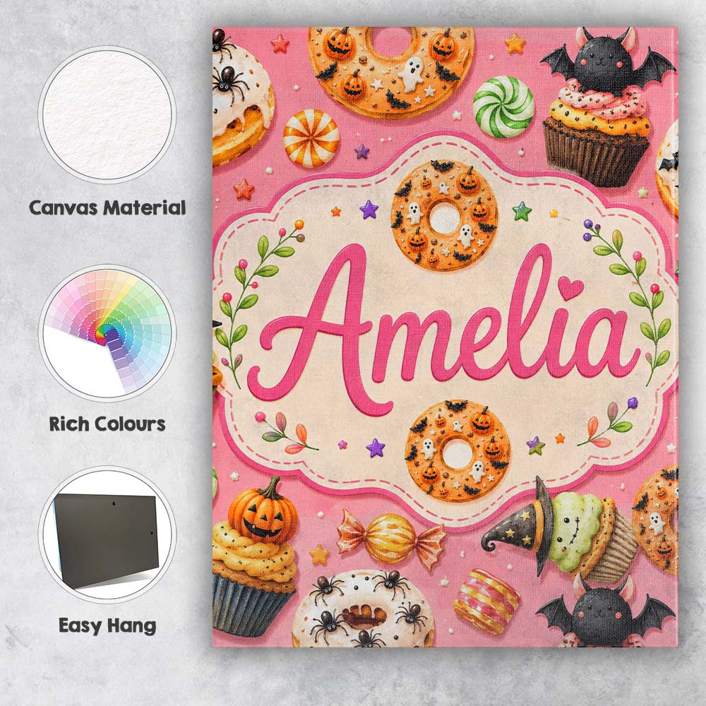 Personalised Name Cute Halloween Donuts Custom Modern Room Accent Elegant Feature Canvas Wall Art Print Decor Picture Ready to Hang
