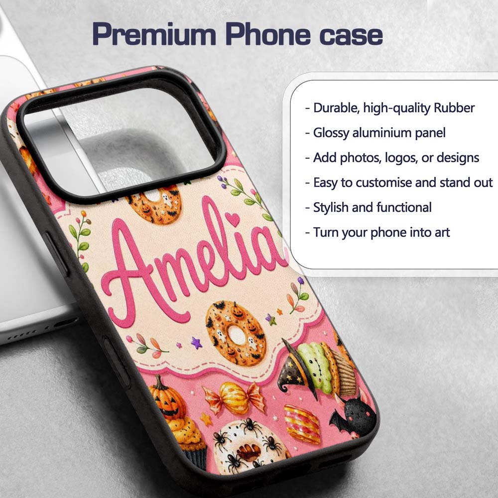 Cute Halloween Donuts Sweet Spooky Treats Pink Custom Name Protective Phone Case Mobile Cover Durable Everyday Smartphone Shock Resistant