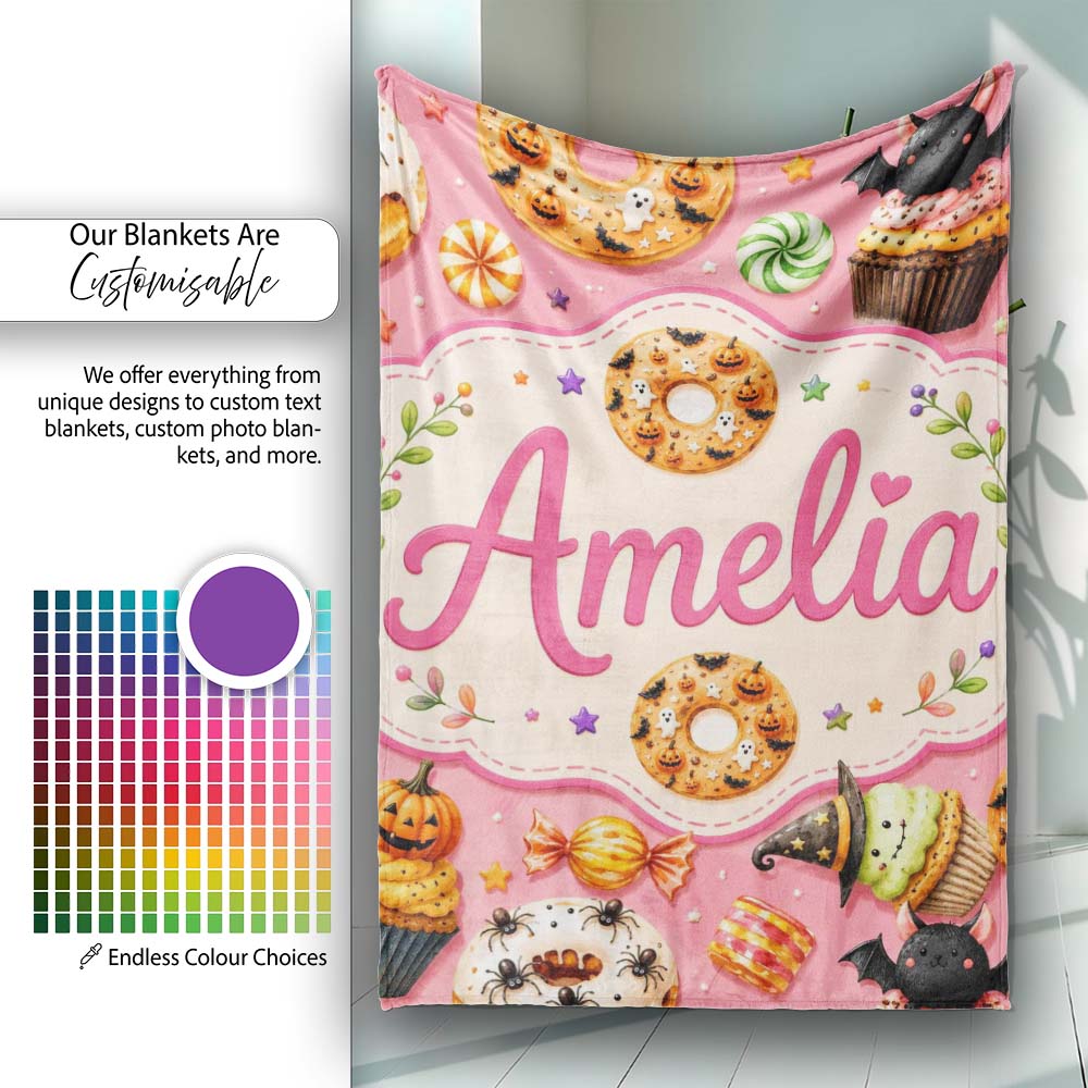 Cute Halloween Donuts Sweet Spooky Treats Pink Background Seamless Personalised Custom Name Super Soft Fleece Blanket Bed Sofa Throw