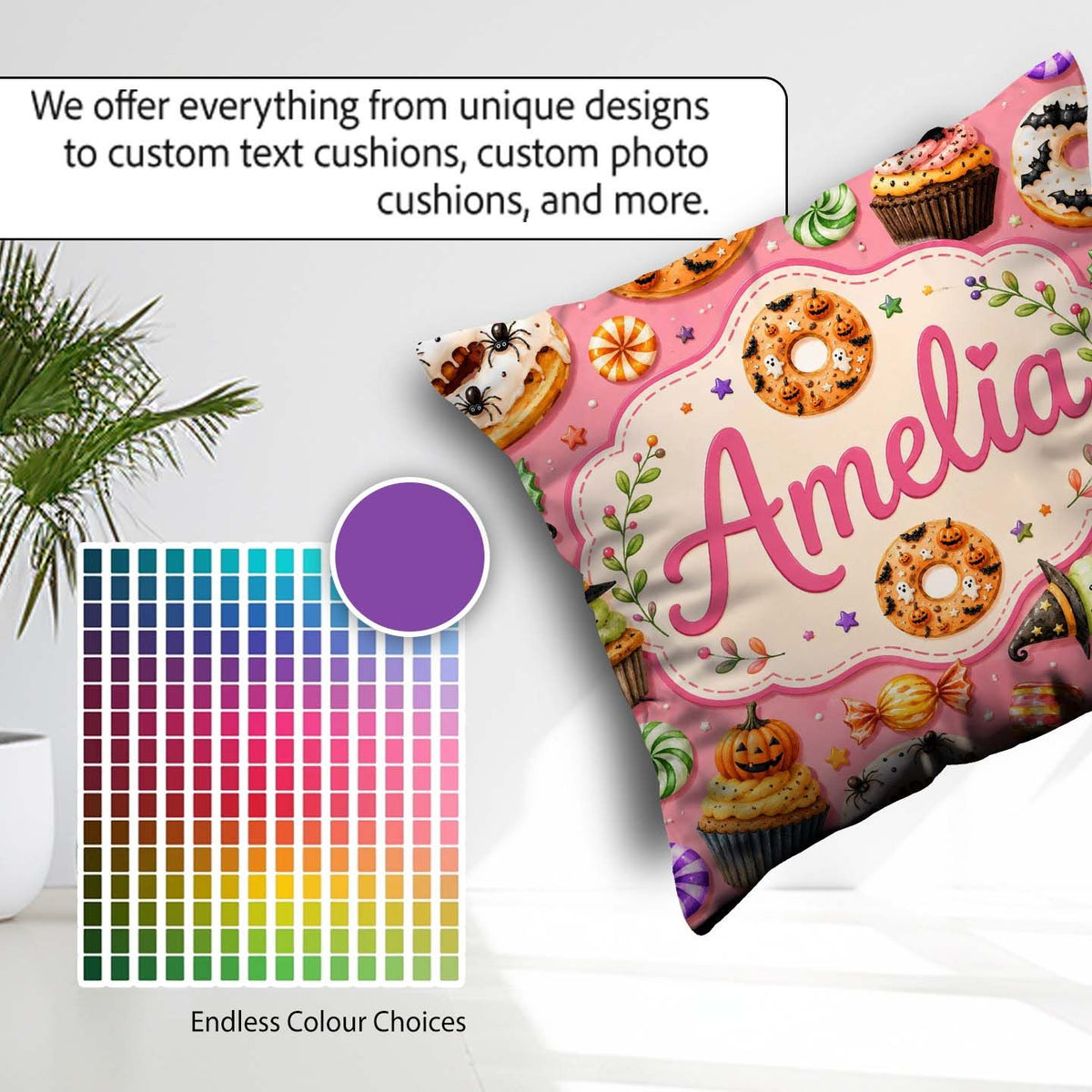 Custom Name Halloween Donuts Sweet Spooky Treats Pink Background Square Filled Cushion Throw Pillow Sofa Bed Home Decor Zip Washable UK Made