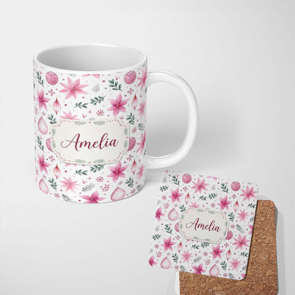 Personalized Custom Name Soft Pink Floral Christmas Elements Ornaments Seamless Pattern 11oz Ceramic Coffee Tea Mug White Large Handle