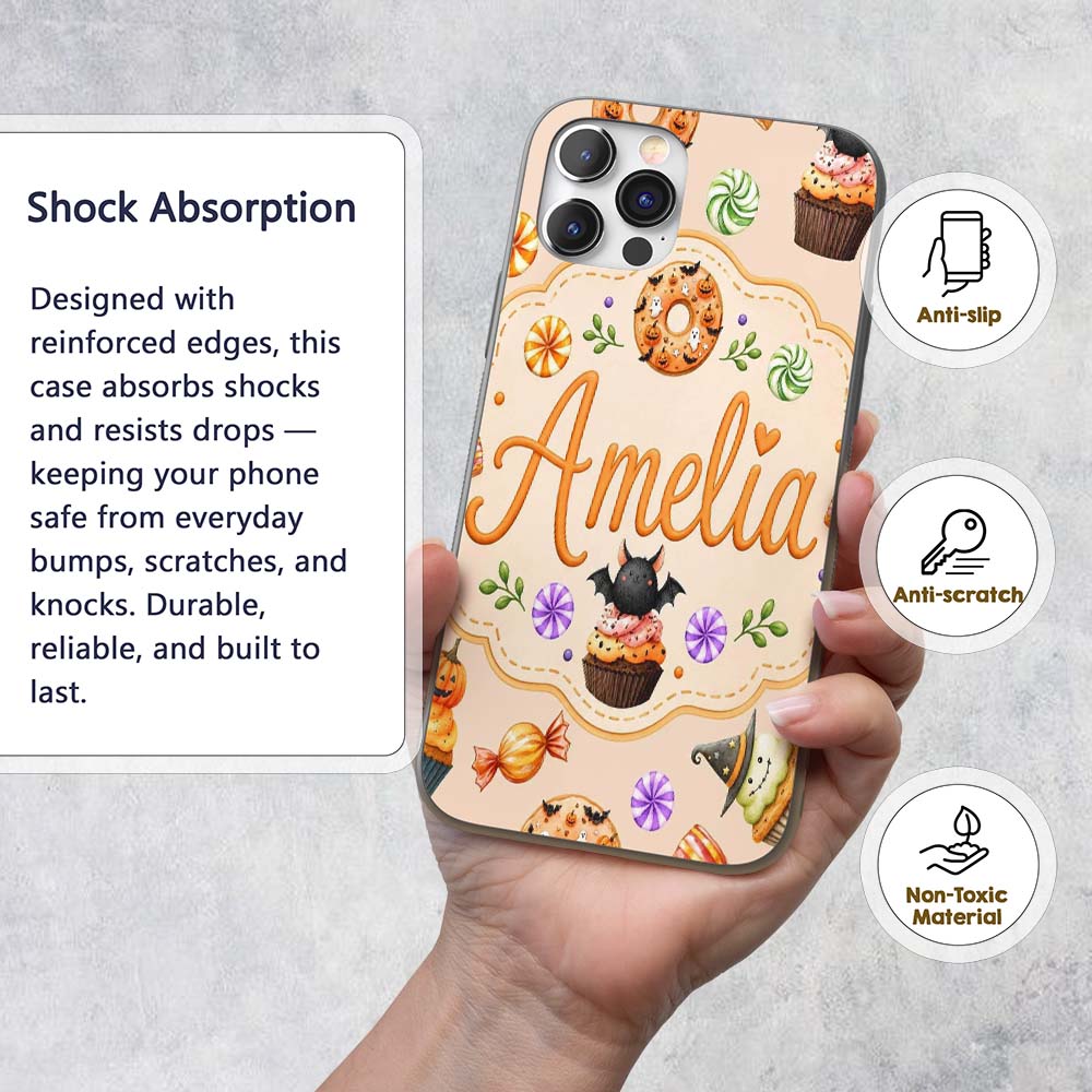 Cute Halloween Donuts Sweets Spooky Treats Beige Custom Name Protective Phone Case Mobile Cover Durable Everyday Smartphone Shock Resistant