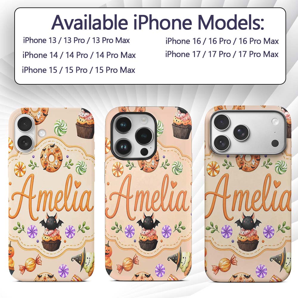 Cute Halloween Donuts Sweets Spooky Treats Beige Custom Name Protective Phone Case Mobile Cover Durable Everyday Smartphone Shock Resistant