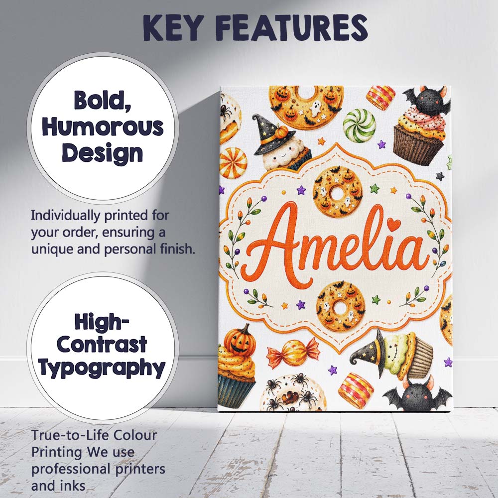 Personalised Name Cute Halloween Donut Custom Modern Room Accent Elegant Feature Canvas Wall Art Print Decor Picture Ready to Hang