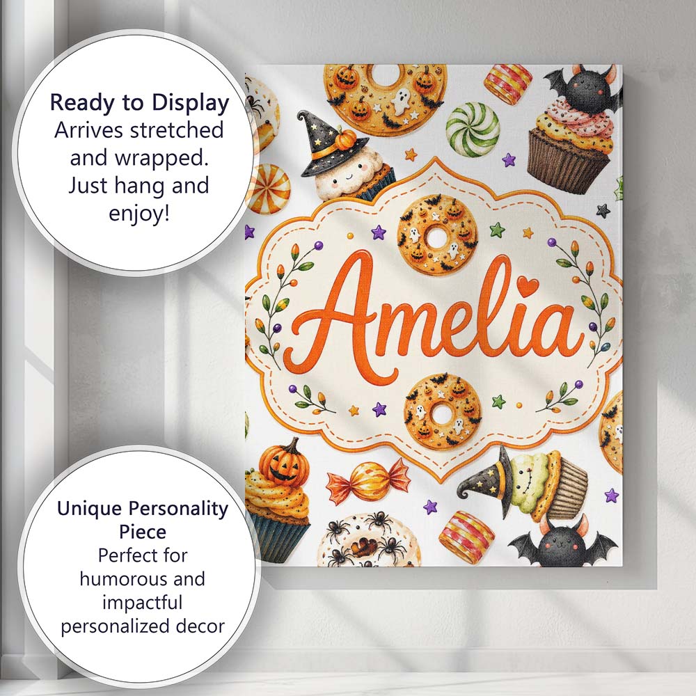 Personalised Name Cute Halloween Donut Custom Modern Room Accent Elegant Feature Canvas Wall Art Print Decor Picture Ready to Hang