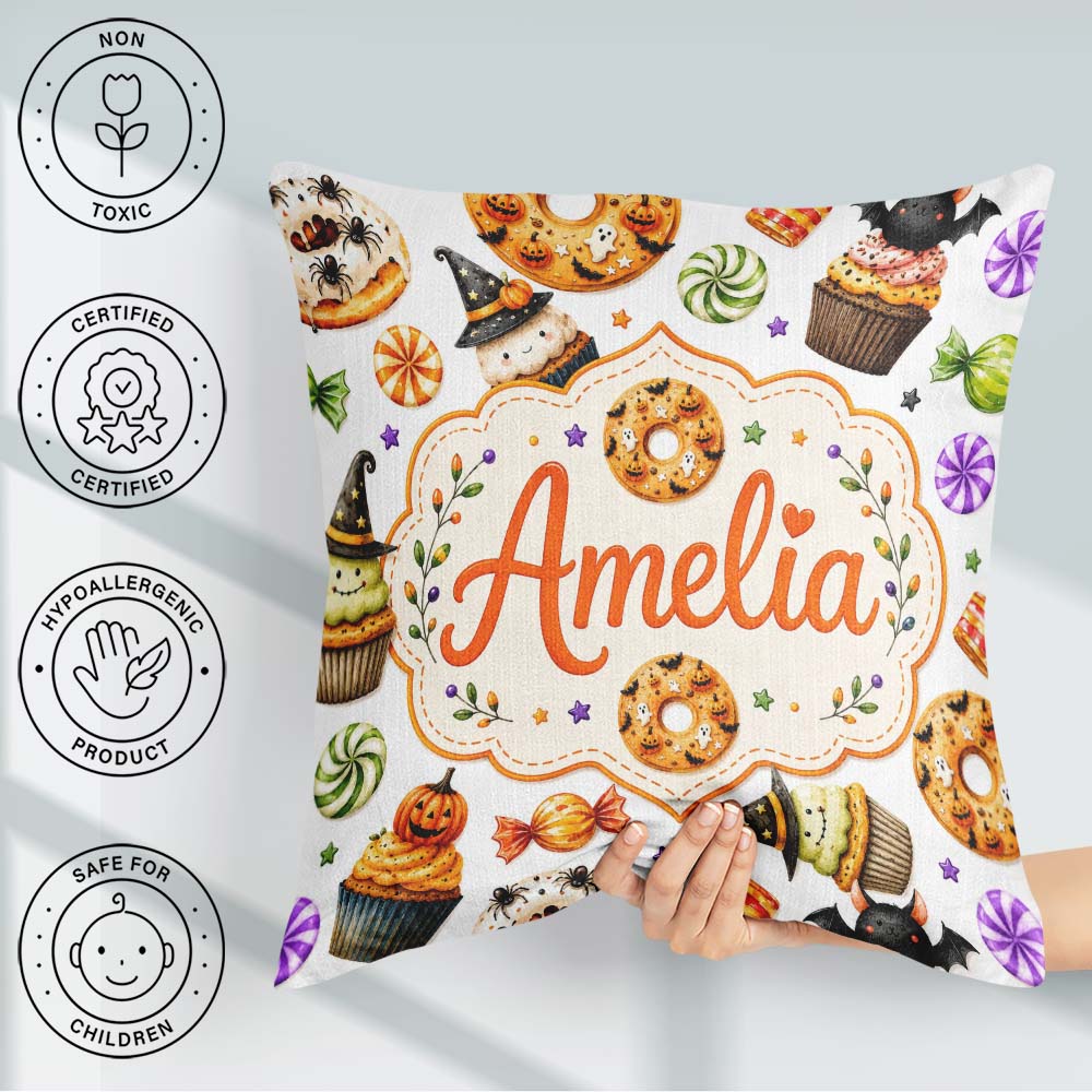 Custom Name Halloween Donut Spooky Treats Light Grey Background Square Filled Cushion Throw Pillow Sofa Bed Home Decor Zip Washable UK Made