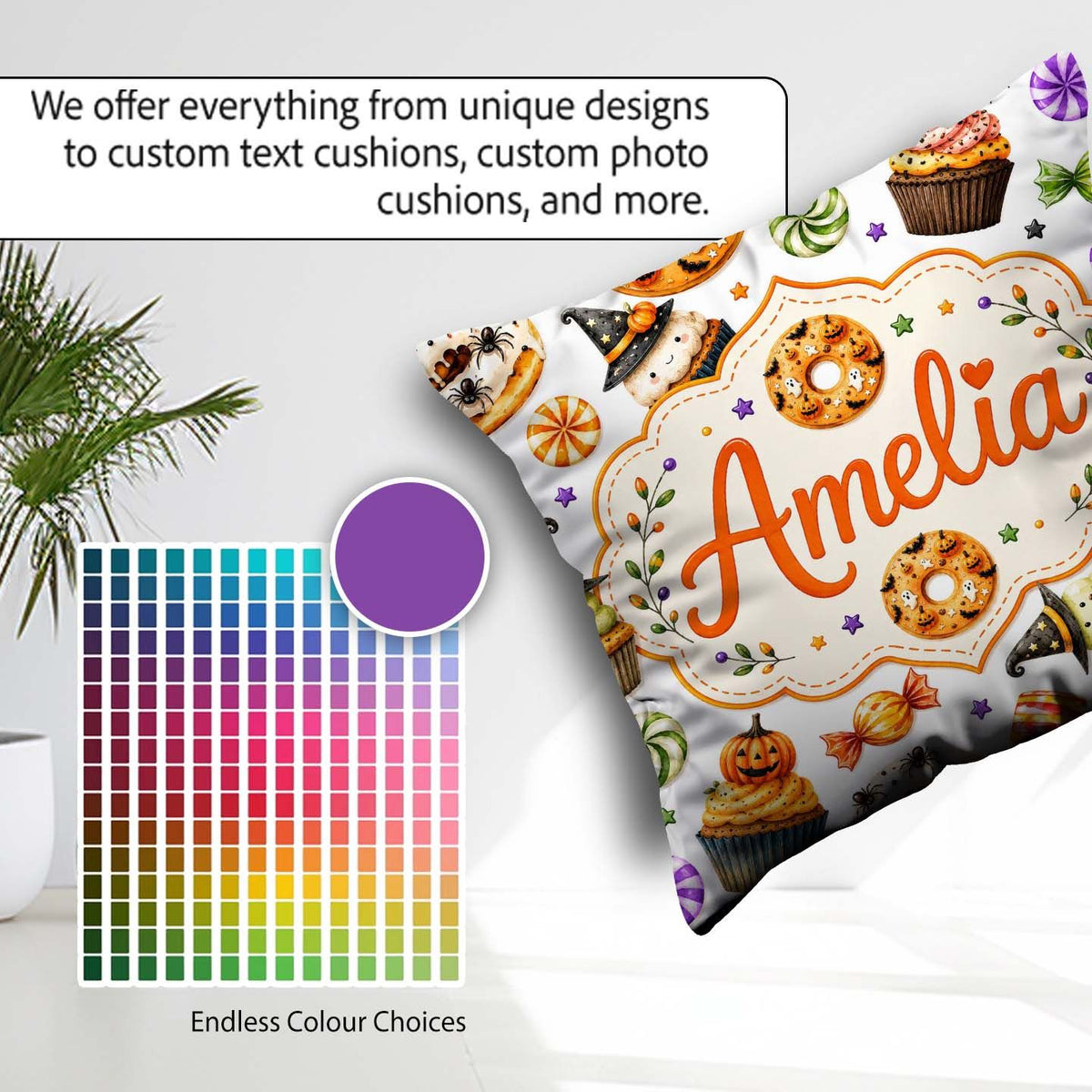 Custom Name Halloween Donut Spooky Treats Light Grey Background Square Filled Cushion Throw Pillow Sofa Bed Home Decor Zip Washable UK Made