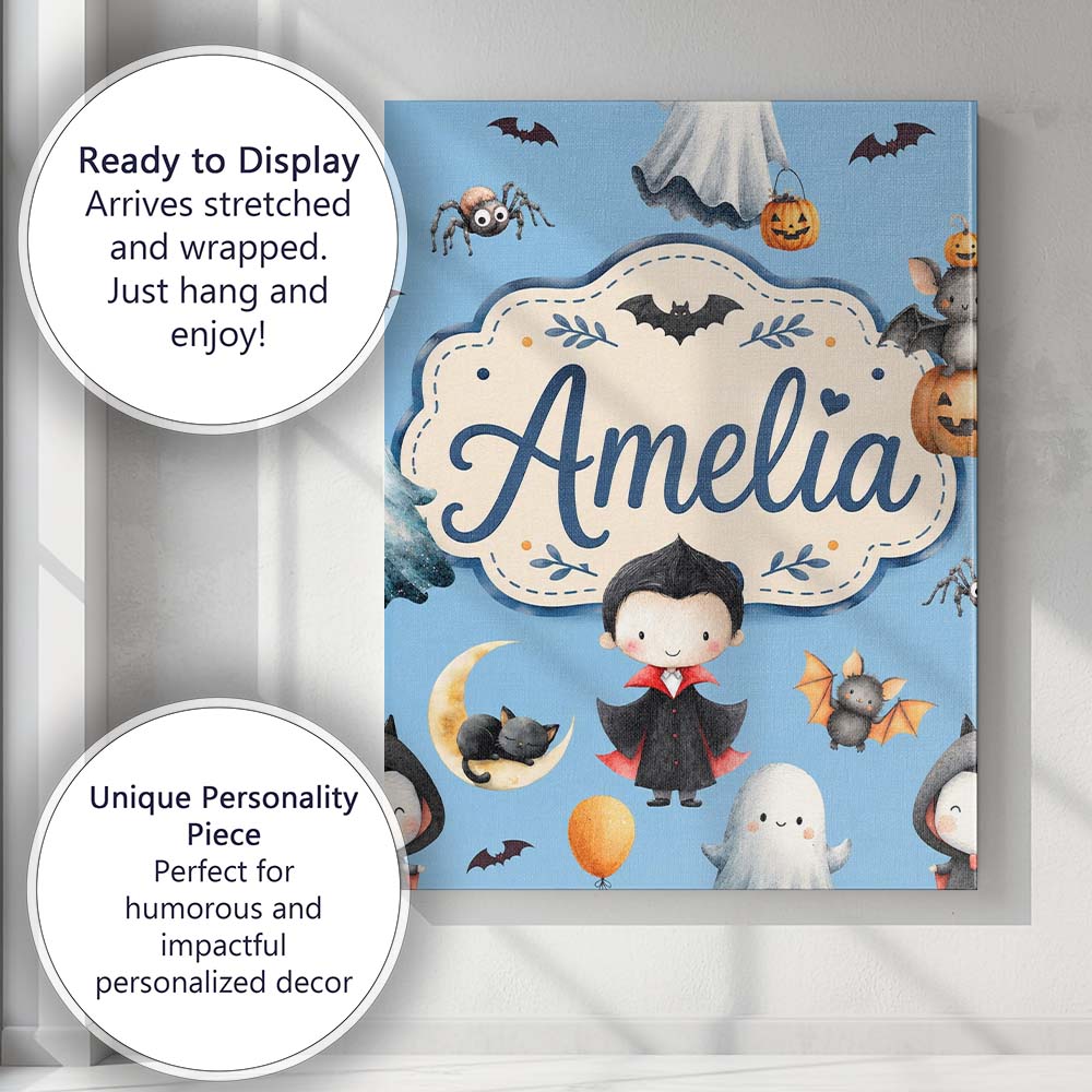 Personalised Name Cute Halloween Vampire Custom Unique Gift Idea Elegant Feature Canvas Wall Art Print Decor Picture Ready to Hang