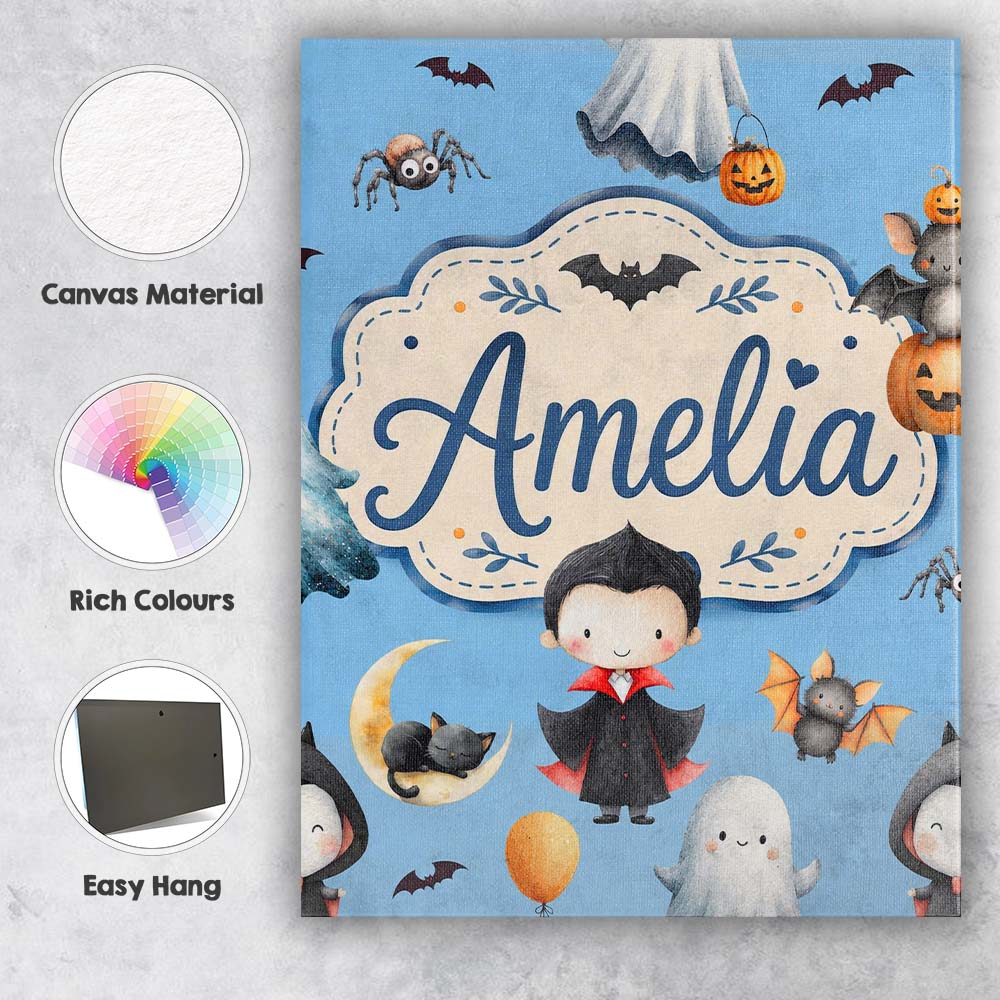 Personalised Name Cute Halloween Vampire Custom Unique Gift Idea Elegant Feature Canvas Wall Art Print Decor Picture Ready to Hang