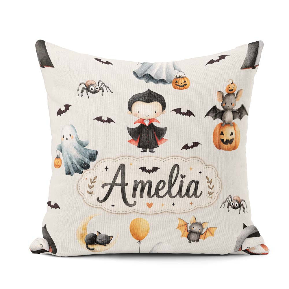 Custom Name Halloween Vampire Ghost Bats Spooky Cream Background Square Filled Cushion Throw Pillow Sofa Bed Home Decor Zip Washable UK Made