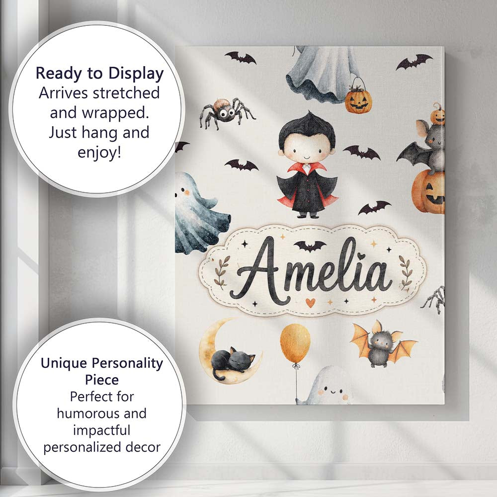Personalised Name Cute Halloween Vampire Custom Unique Gift Idea Elegant Feature Canvas Wall Art Print Decor Picture Ready to Hang