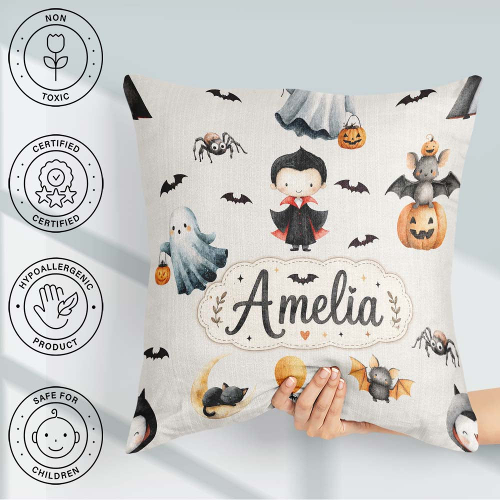 Custom Name Halloween Vampire Ghost Bats Spooky Cream Background Square Filled Cushion Throw Pillow Sofa Bed Home Decor Zip Washable UK Made