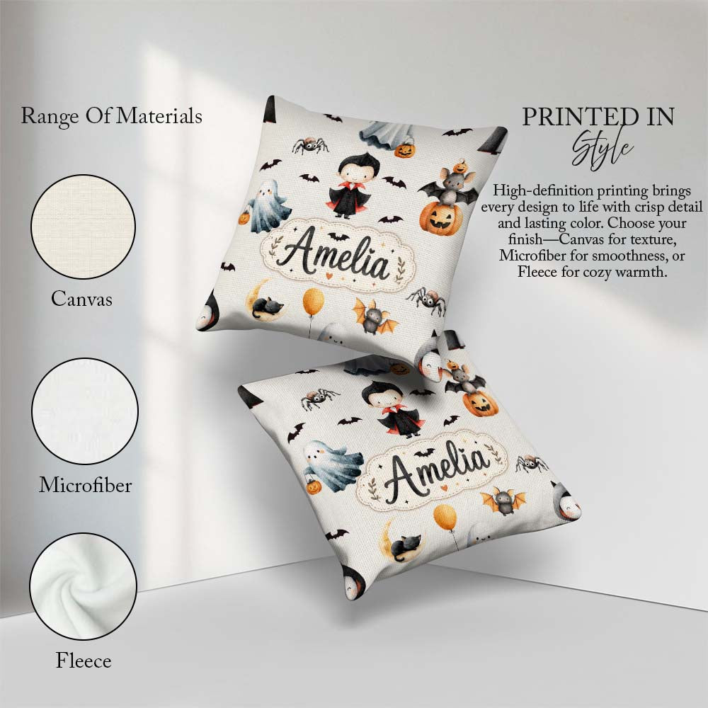 Custom Name Halloween Vampire Ghost Bats Spooky Cream Background Square Filled Cushion Throw Pillow Sofa Bed Home Decor Zip Washable UK Made