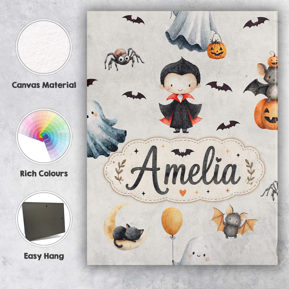 Personalised Name Cute Halloween Vampire Custom Unique Gift Idea Elegant Feature Canvas Wall Art Print Decor Picture Ready to Hang